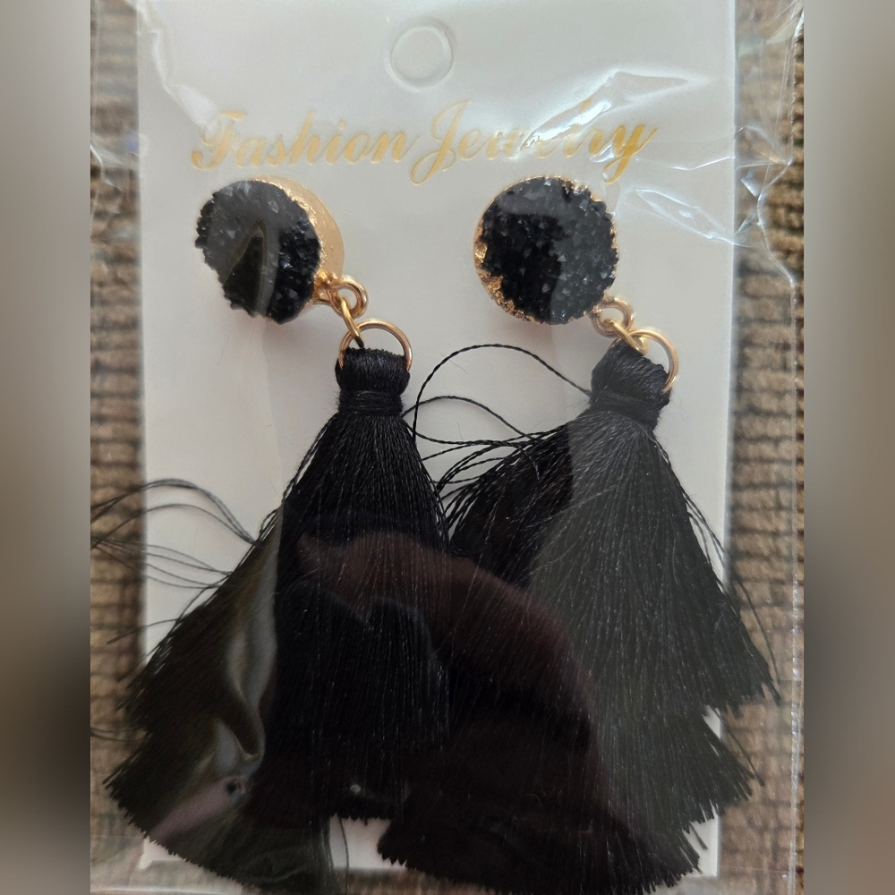 Black and Gold Tassel Earrings